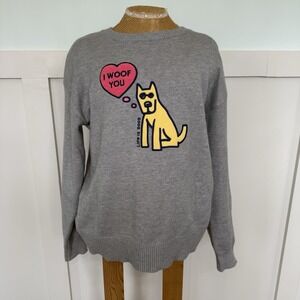 Life Is Good Womens I Woof You Gray Pullover Sweater Sz M Long Sleeve Dog Lover